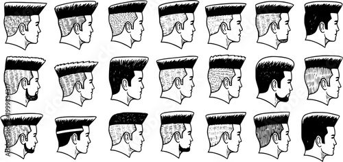 Men's Flat Top and High Top Fade Hairstyles Collection. Black and White Line Art Illustration for Barbershop, Grooming, and Fashion Design.