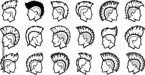 Black and White Line Art Illustrations of Diverse Mohawk Hairstyles
