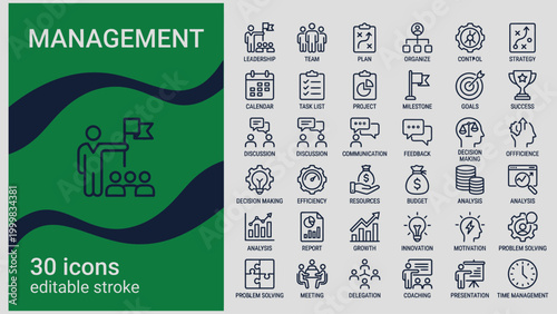 Collection of management and business icons representing leadership teamwork planning and strategic thinking for organizational success