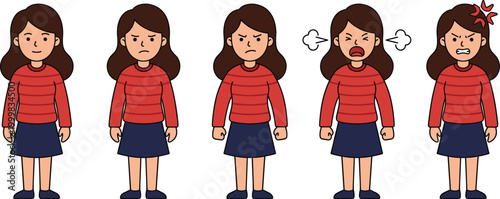 Angry Girl Emotion Progression Vector Illustration Set Showing Child Mood Changes from Calm to Furious for Behavior, Mental Health, and Emotional Expression Concepts