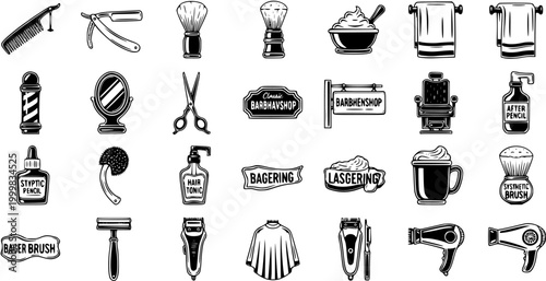 Black  White Vintage Barber Shop Icons Set. Hairdressing Tools, Grooming Equipment, and Salon Accessories in Retro Line Art Style.
