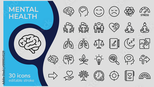 Collection of mental health icons illustrating brain health emotions relationships therapy self care and overall wellbeing concepts in editable stroke style
