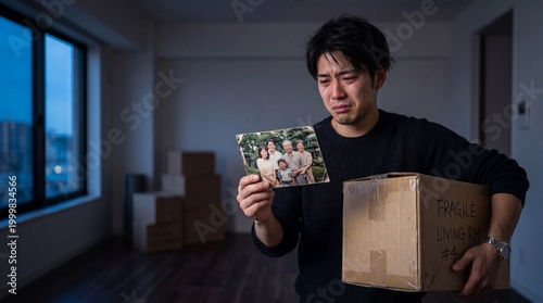 An Asian man grieves, clutching a family photograph amidst the stark reality of an empty apartment, symbolizing the end of an era.
