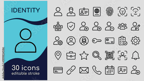 Collection of modern line style icons related to identity and user authentication  various symbols for user interface design