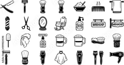 Barbershop Tools and Grooming Essentials Vector Icons Collection in Black and White Line Art Style: Razors, Brushes, Clippers, and Salon Equipment