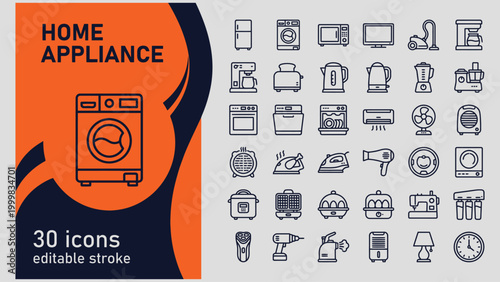 Collection of modern home appliance line icons showcasing a variety of kitchen and household devices for everyday use and convenience