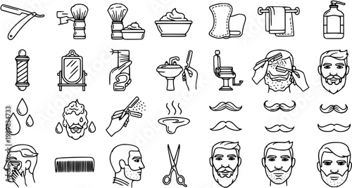 Barber Shop and Men's Grooming Outline Icons Set. Black  White Line Art Collection of Shaving Tools, Accessories, and Male Face Elements.