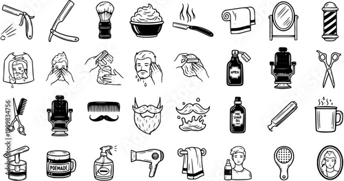 Black and White Line Art Icons of Barbershop Tools, Beard Care, and Grooming Equipment