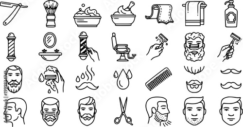 Barbershop Shaving and Men's Grooming Icons Set. Black and White Line Art Collection of Tools, Faces, and Accessories for Haircut and Beard Styling.