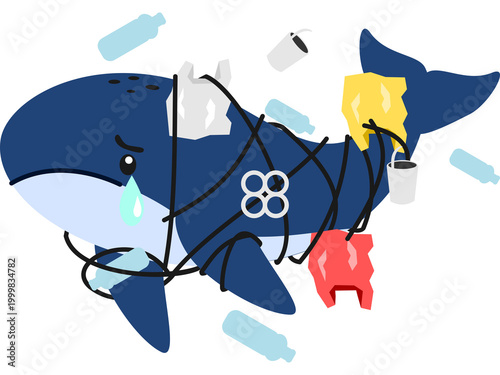 Sad whale get trapped  by ocean plastic garbage