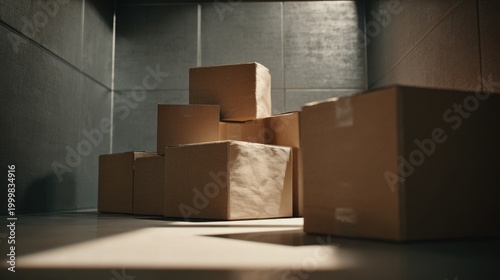 Stacked cardboard boxes inside a storage unit with minimalistic design and industrial metal walls