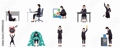 Collection of Businesswoman Poses Depicting Workday Activities and Emotions in Flat Illustration Style