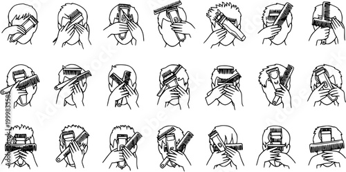 Hairdressing  Barbering Haircut Guide: Steps with Clippers, Combs, Scissors  Razors. Black  White Line Art Outline Icons for Personal Hair Care
