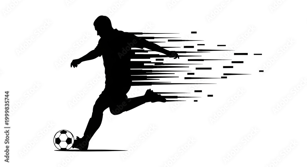 Fototapeta premium Dynamic Strike: A silhouetted soccer player unleashes a powerful kick, the motion captured in a blur of speed and precision, creating a visually striking representation of athleticism.