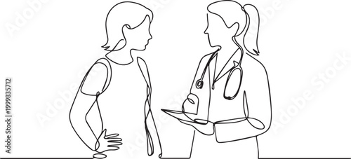 Continuous line drawing of a doctor and patient in a medical consultation setting