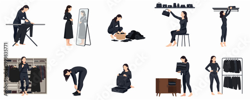 Modern Woman Engaging in Various Daily Fashion and Wardrobe Management Activities