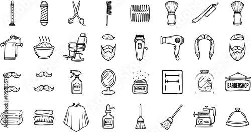 Black and White Line Art Icons of Barber Tools and Accessories for a Barbershop