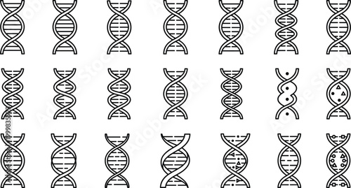 DNA helix icon set featuring genetic structures double helix strands biotechnology and molecular biology symbols outline vector collection