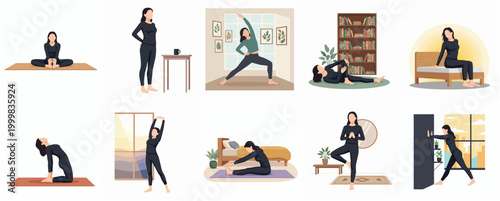 Flat Design Style Person Performing Various Yoga And Stretching Exercises At Home