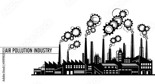 Industrial factory landscape with smoke and gear shaped pollution emissions.