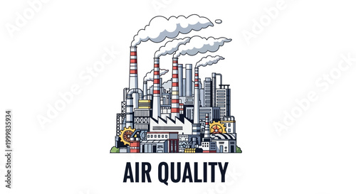 Industrial factory complex with smoking chimneys representing air quality and pollution.