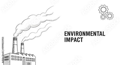 Industrial factory sketch with smoke emissions and gear symbols representing environmental impact.