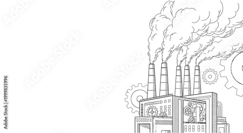 Sketch illustration of an industrial factory with smoking chimneys and mechanical gears.