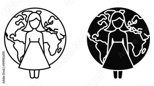 Simple black and white icons of woman and world map, minimal female silhouette and global map symbol, clean line vector illustration
