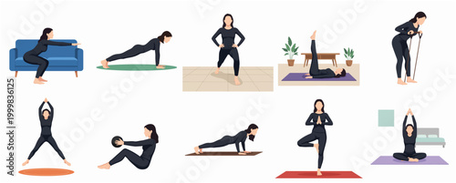 Diverse Set of Women Performing various Home Fitness Exercises Collection