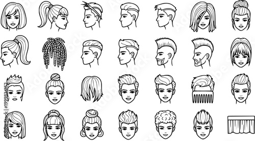 Black and white line art icons of diverse hairstyles and haircuts for men and women, beauty industry