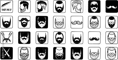 Black and white line art icons of different beards, mustaches and barber tools for men's grooming
