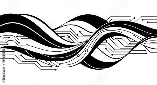Abstract flowing lines with circuit board pattern, digital technology concept