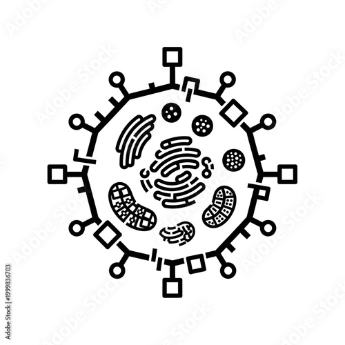 Abstract illustration of a virus cell with organelles, science and medical concept