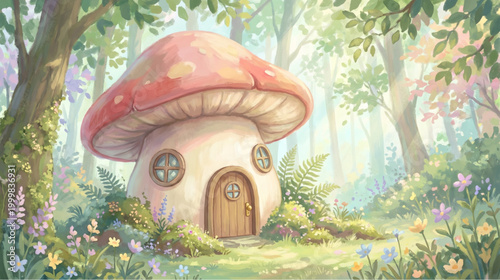 Cute Pink Mushroom House in Blooming Spring Forest