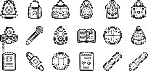 Travel  Adventure Hand-drawn Line Art Icons Set: Exploration, Journey, Planning  Communication Symbols like Bags, Globe, Compass, Microphone