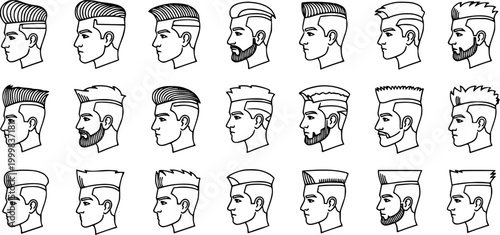 Black and White Line Art Collection of Men's Hairstyles - Modern Haircuts  Beards
