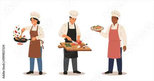 A group of smiling people in chef uniforms, including a woman and a senior, hold hands and a tablet while cooking pizza in a restaurant kitchen