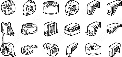 Black and White Line Art Illustration of Various Tape Dispensers and Rolls