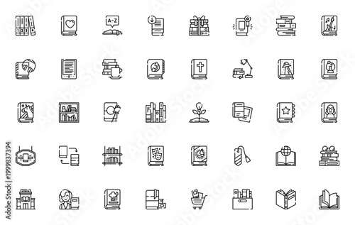 Books and Literature icon set. Vector illustration pack featuring book, library, ebook, audiobook, romance, sci-fi, horror, cookbook, dictionary and more. Editable stroke.