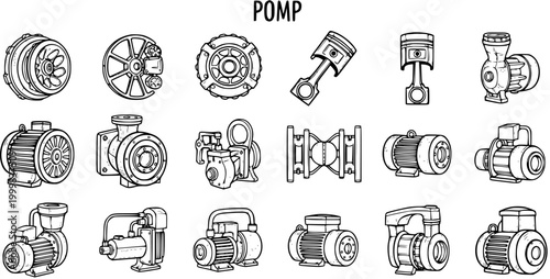 Industrial Engineering Black and White Line Art Vector Icons featuring Pumps, Pistons, Motors, and Mechanical Equipment Outline Collection for Design.