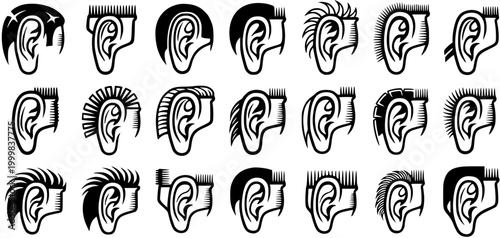 Black  White Line Art Glyph Icons: Set of Ears with Hair Clipper Haircuts for Barber Shop, Grooming  Hair Care Industry Design Elements