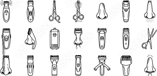 Personal Grooming  Beauty Line Art Icons: Hair Removal Tools Set. Outline Nose Hair Trimmers, Shavers, Scissors, and Electric Razors Glyphs for Hygiene.