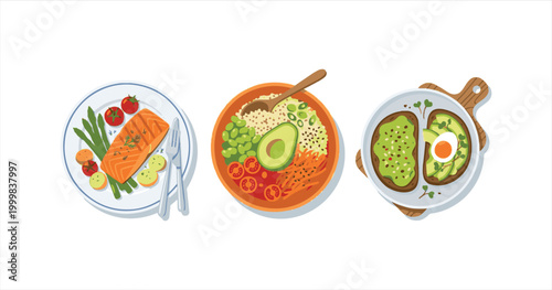 Fresh gourmet happy easter card featuring eggs and flowers on a healthy green salad plate with red tomato and basil