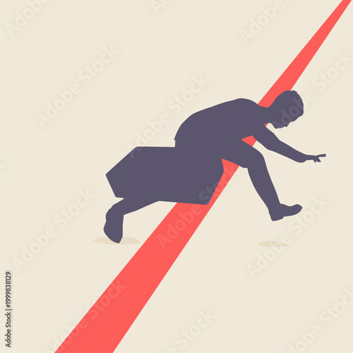 Man gangster steals documents or money. Concept of commercial espionage and trying to get insider documents. Thief escaping with a loot. Red line crossing.