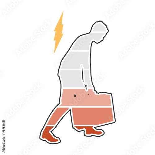 Sad and weary businessman walking with briefcase. Man having mental pressure or stress. Bankruptcy on economic recession and failure. Tired man with slumped shoulders. Exhaustion and lack of energy.