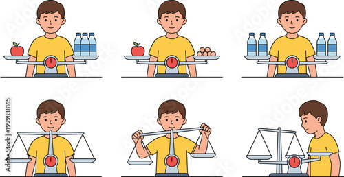Boy Weighing Objects on Balance Scale Vector Illustration Set Showing Measurement Comparison, Science Learning, and Educational Experiment Concepts