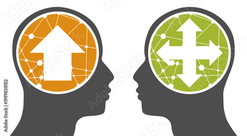Head with arrows icon. Making decisions. Versatility, opportunities, mental flexibility concept. Multi way vs one way direction. Mind full of choices. Different directions in life. Mind diversity.