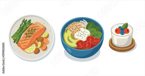 Fresh set of Easter eggs and flowers arranged with red caviar and salmon on a gourmet appetizer plate isolated on white for a delicious healthy breakfast