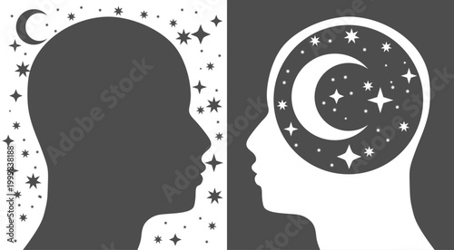 Neurodiversity in men. Logic. Thinking brain. Brainstorming. People with different skills, mindsets or psychological features. Abstract human head profile. Differences in personality characteristics.