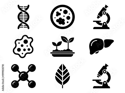Scientific Biology and Laboratory Icon Set - Vector Flat Symbols for DNA, Microscope, Research, and Biotech